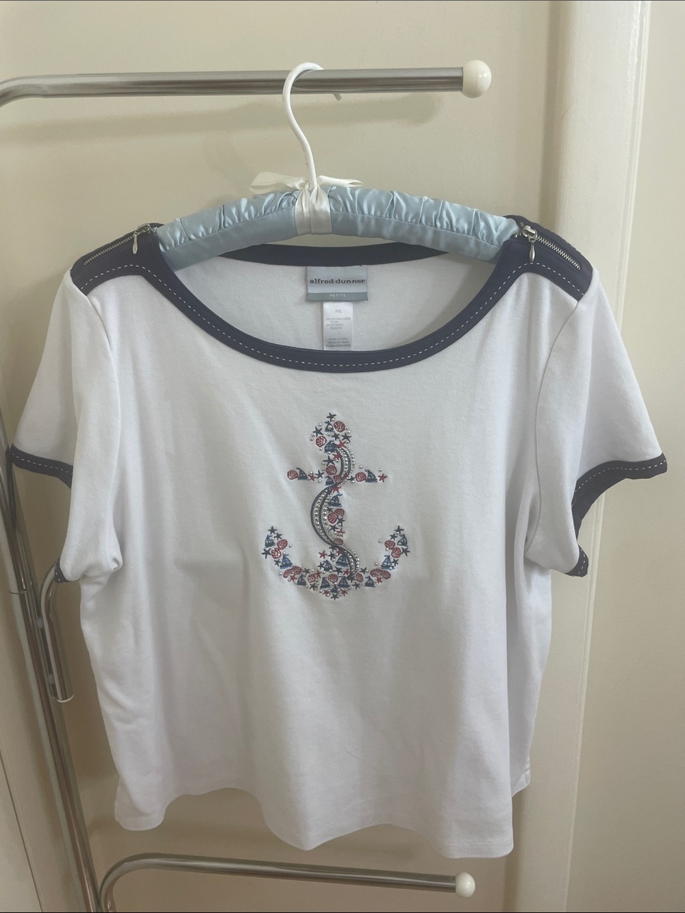 Alfred Dunner White Tee with Navy Trim and Seaside Anchor
